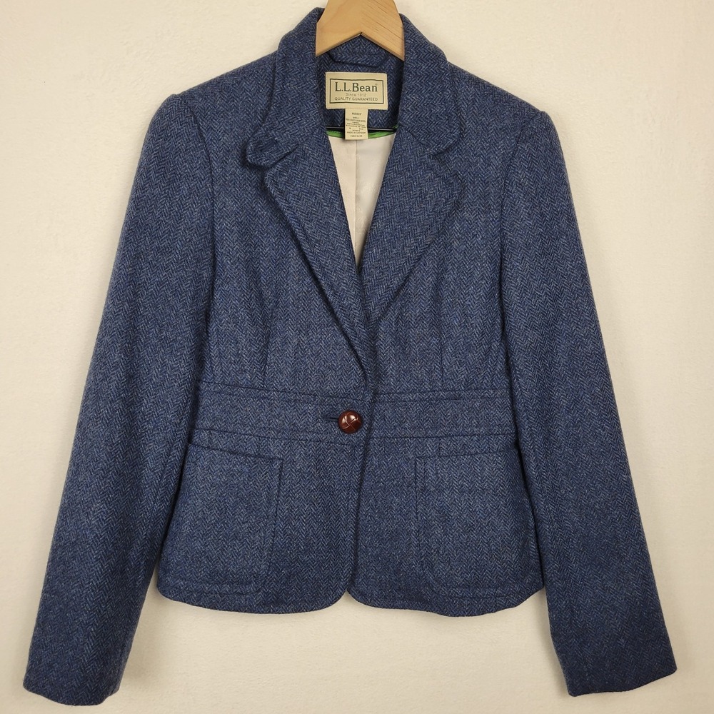 L.L. Bean Blue Herringbone Tweed Blazer Jacket Women's 8 Reg 100% Shetland Wool